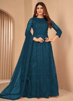 Rama Blue Anarkali Suit Net Embroidery Work Party Wear -ZariGrace Shop rama blue anarkali suit net embroidery work slsdi118ra u