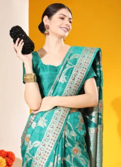 Rama Blue Color Jamdani Woven Work Tussar Silk Saree Festive Wear -ZariGrace Shop rama blue color jamdani woven work tussar silk saree sasacw4138 b