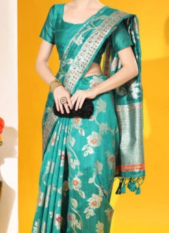 Rama Blue Color Jamdani Woven Work Tussar Silk Saree Festive Wear