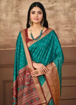 Rama Blue Tussar Silk Digital Print Saree Festive Wear -ZariGrace Shop rama blue tussar silk digital print saree sasprt16864 b