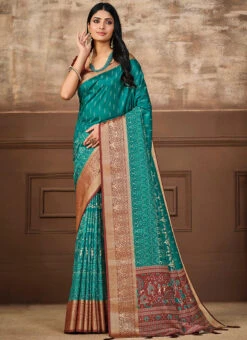 Rama Blue Tussar Silk Digital Print Saree Festive Wear -ZariGrace Shop rama blue tussar silk digital print saree sasprt16864 u