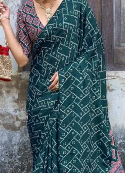 Rama Green Chinon Bandhini Printed Work Saree Festive Wear