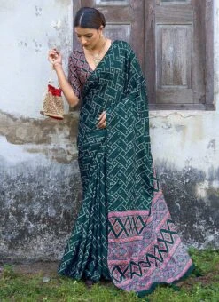 Rama Green Chinon Bandhini Printed Work Saree Festive Wear -ZariGrace Shop rama green chinon bandhini printed work saree samkns4111 u