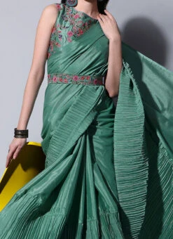 Rama Green Chinon Crush Saree Party Wear