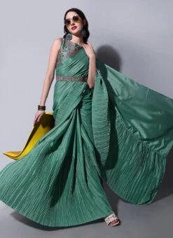 Rama Green Chinon Crush Saree Party Wear -ZariGrace Shop rama green chinon crush saree sasacw1376 u