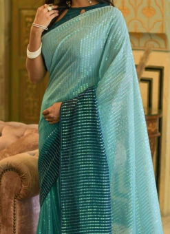 Rama Green Georgette Sequins Embroidery Saree Party Wear