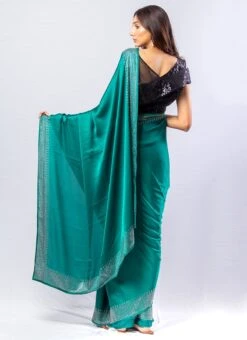 Rama Green Pure Satin Saree Party Wear -ZariGrace Shop rama green satin blend saree saksi203182a b