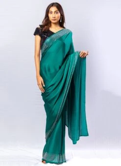 Rama Green Pure Satin Saree Party Wear -ZariGrace Shop rama green satin blend saree saksi203182a u