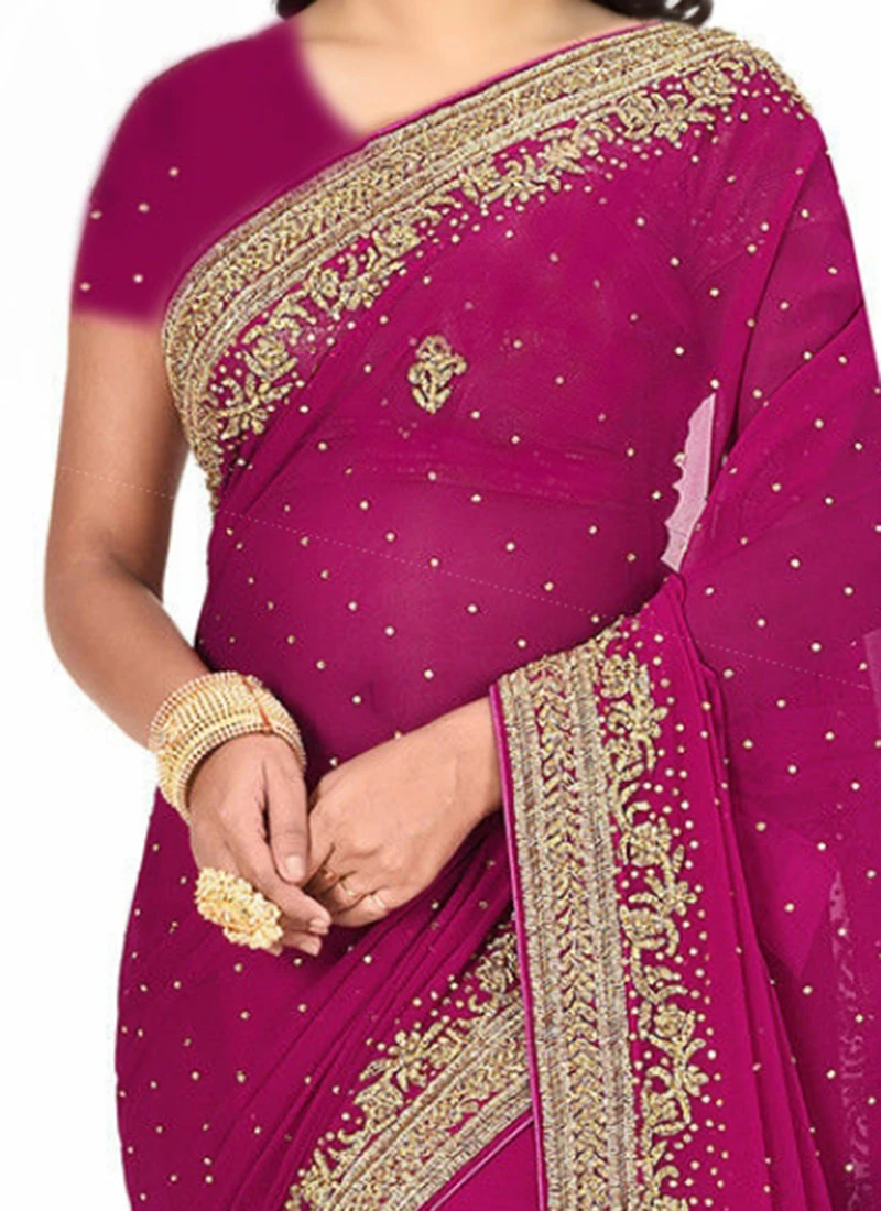 Rani Pink Georgette Stones Work Saree Party Wear 3 Rani Pink Georgette Stones Work Saree Party Wear