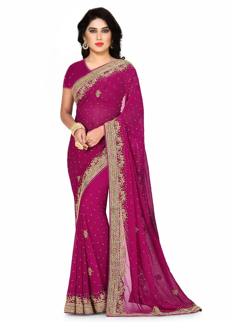 Rani Pink Georgette Stones Work Saree Party Wear 5 Rani Pink Georgette Stones Work Saree Party Wear - Image 3