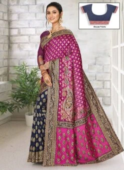 Rani Pink N Blue Kanjeevaram Silk Hand Work Half N Half Saree Festive Wear -ZariGrace Shop rani pink n blue kanjeevaram silk hand work half n half saree sadsf4334 u