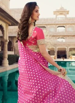 Rani Pink Viscose Chanderi Silk Embroiderey N Zari Work Half N Half Saree Party Wear -ZariGrace Shop rani pink viscose chanderi silk embroiderey n zari work half n half saree sasklk1007 b