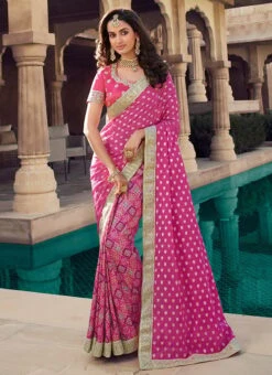 Rani Pink Viscose Chanderi Silk Embroiderey N Zari Work Half N Half Saree Party Wear -ZariGrace Shop rani pink viscose chanderi silk embroiderey n zari work half n half saree sasklk1007 u