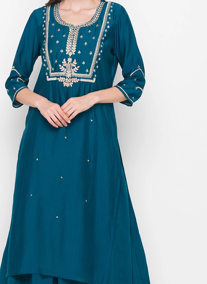 Readymade Teal Modal Silk Sequin Embroidery Kurta Palazzo Set Work Wear 3 Readymade Teal Modal Silk Sequin Embroidery Kurta Palazzo Set Work Wear