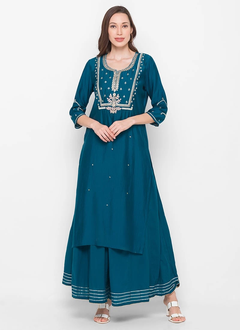 Readymade Teal Modal Silk Sequin Embroidery Kurta Palazzo Set Work Wear 5 Readymade Teal Modal Silk Sequin Embroidery Kurta Palazzo Set Work Wear - Image 3