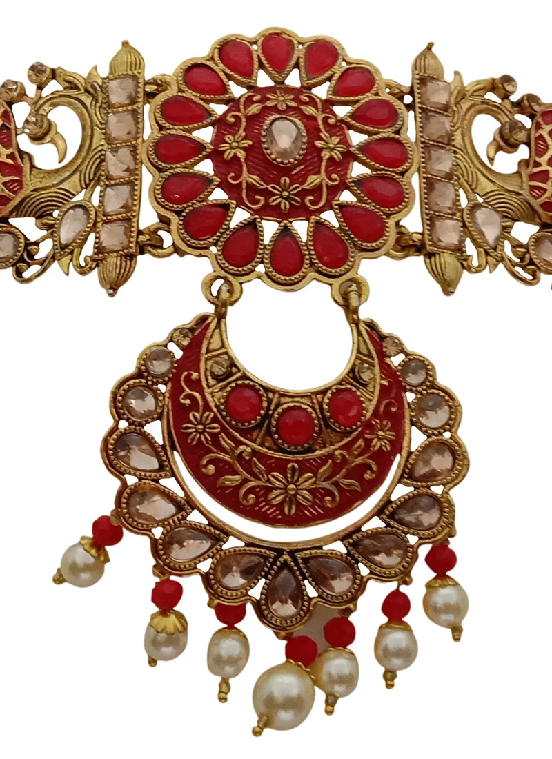 Red Alloy Choker Set With Earrings N Mangtika Party Wear 3 Red Alloy Choker Set With Earrings N Mangtika Party Wear