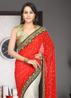 Red And White Georgette Hand Work Half N Half Saree Party Wear -ZariGrace Shop red and white georgette hand work half n half saree sadsf4862 b