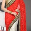 Red And White Georgette Hand Work Half N Half Saree Party Wear -ZariGrace Shop red and white georgette hand work half n half saree sadsf4862 l
