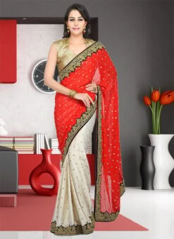 Red And White Georgette Hand Work Half N Half Saree Party Wear -ZariGrace Shop red and white georgette hand work half n half saree sadsf4862 u