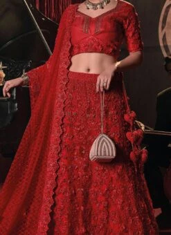 Red Art Silk Embroidered And Beads Umbrella Lehenga Wedding Wear