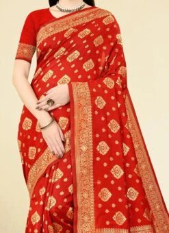 Red Banarasi Silk Woven Work Saree Festive Wear