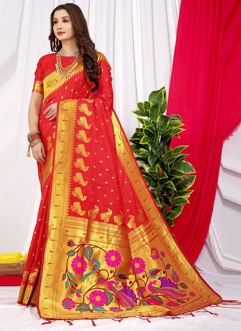 Red Color Soft Litchi Silk Zari Weaving Work Saree Party Wear 5 Red Color Soft Litchi Silk Zari Weaving Work Saree Party Wear - Image 3