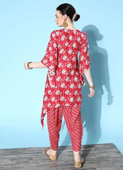 Red Cotton Printed Kurta Dhoti Set After Six Wear -ZariGrace Shop red cotton printed kurta dhoti set krsmz276732re b