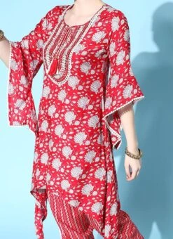 Red Cotton Printed Kurta Dhoti Set After Six Wear