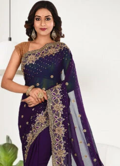 Dark Violet Faux Georgette Hand Work Sari Party Wear 9 Dark Violet Faux Georgette Hand Work Sari Party Wear -ZariGrace Shop red faux georgette hand work sari sadsf7209 b