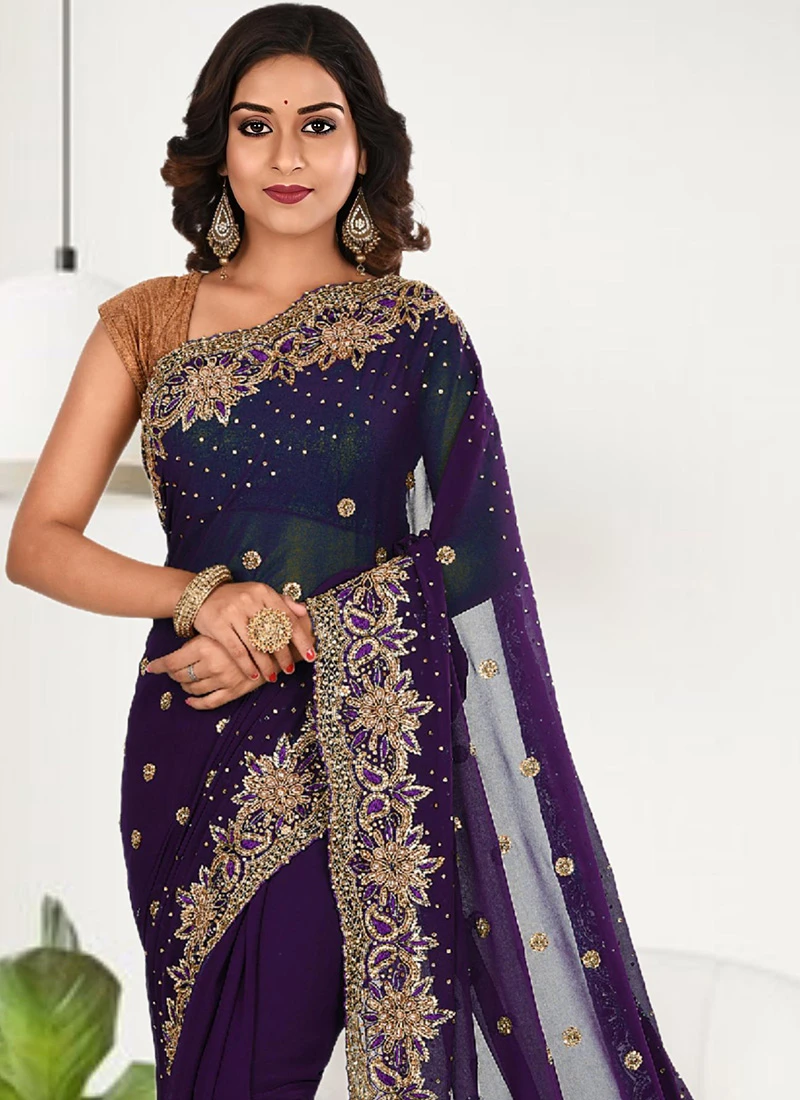 Dark Violet Faux Georgette Hand Work Sari Party Wear 6 Dark Violet Faux Georgette Hand Work Sari Party Wear - Image 4