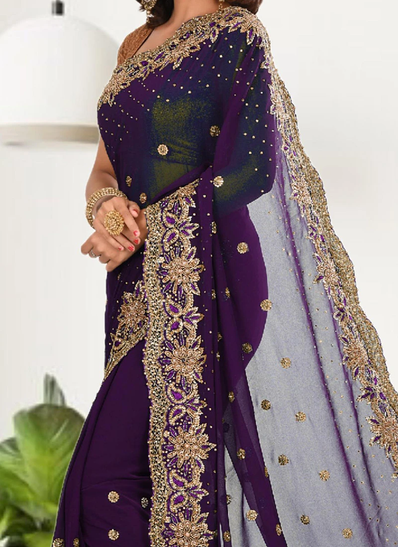 Dark Violet Faux Georgette Hand Work Sari Party Wear 3 Dark Violet Faux Georgette Hand Work Sari Party Wear