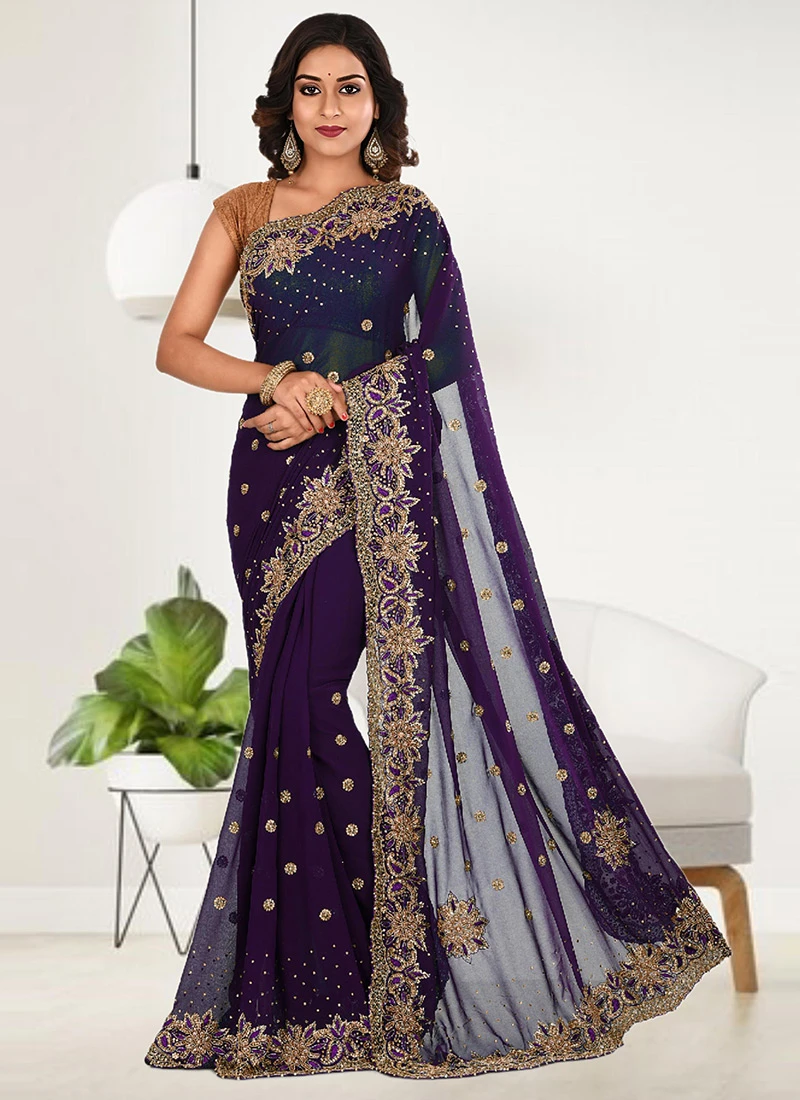 Dark Violet Faux Georgette Hand Work Sari Party Wear 5 Dark Violet Faux Georgette Hand Work Sari Party Wear - Image 3