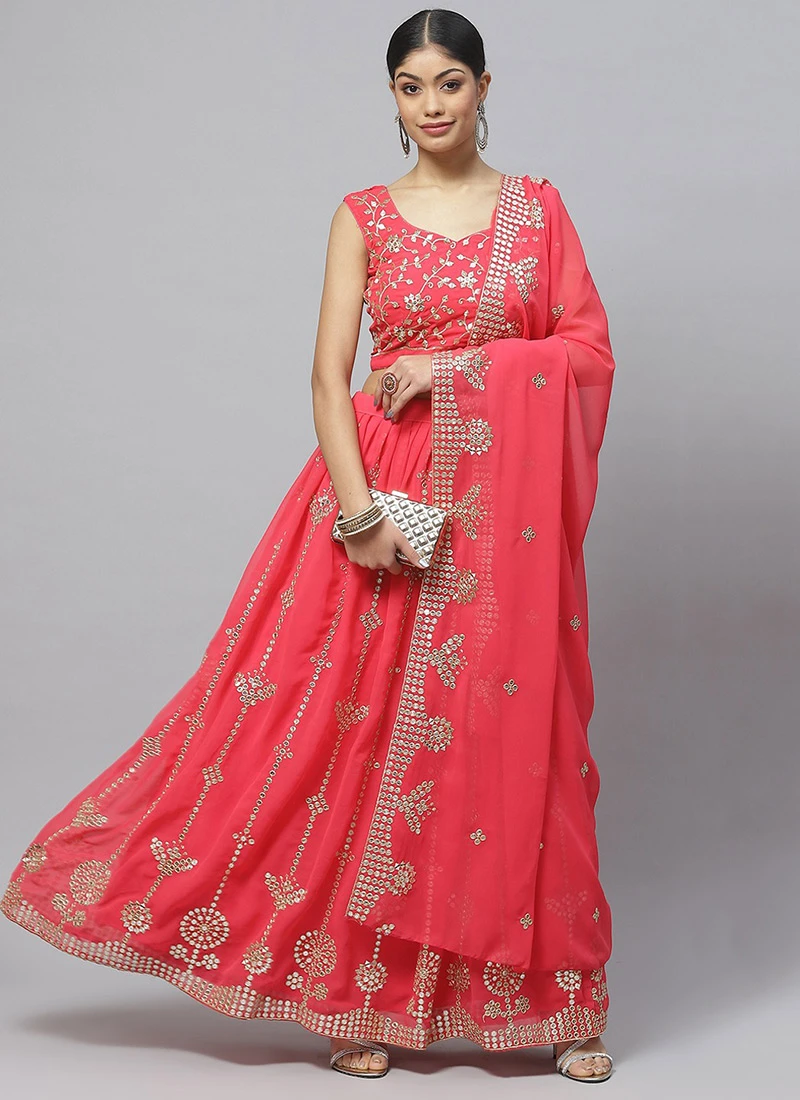 Red Georgette Embroidered A Line Lehenga Party Wear 5 Red Georgette Embroidered A Line Lehenga Party Wear - Image 3