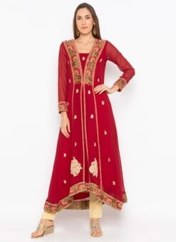 Red Georgette Embroidered Kurta Straight Pant Set Party Wear -ZariGrace Shop red georgette embroidered kurta straight pant set krsmnc1979 u