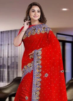 Red Georgette Embroidered N Stones Work Saree Festive Wear -ZariGrace Shop red georgette embroidered n stones work saree sadsf4316 b