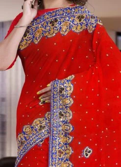 Red Georgette Embroidered N Stones Work Saree Festive Wear