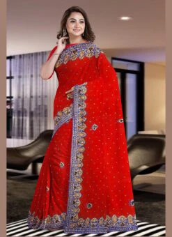 Red Georgette Embroidered N Stones Work Saree Festive Wear -ZariGrace Shop red georgette embroidered n stones work saree sadsf4316 u