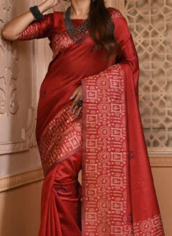 Red Handloom Raw Silk Zari Woven Work Saree Festive Wear