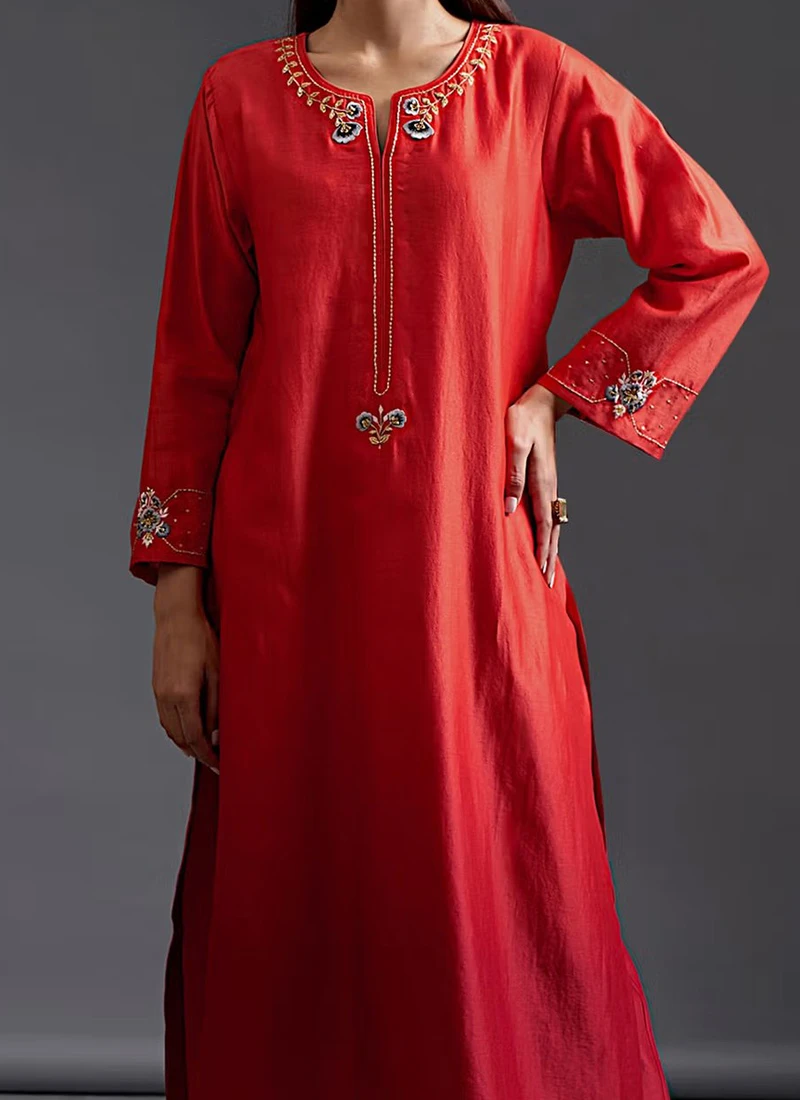 Red Maroon Pure Chanderi Silk Embroidered Kurta Semi Palazzo Set Party Wear 3 Red Maroon Pure Chanderi Silk Embroidered Kurta Semi Palazzo Set Party Wear
