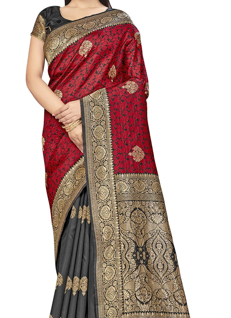 Red N Black Banarasi Silk Zari Work Saree Festive Wear 3 Red N Black Banarasi Silk Zari Work Saree Festive Wear