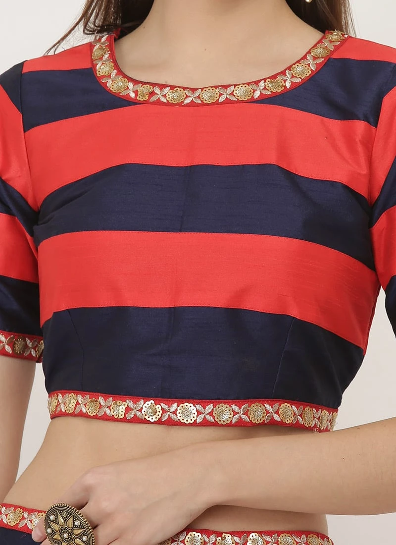 Red N Blue Art Dupion Silk Printed Blouse Festive Wear 3 Red N Blue Art Dupion Silk Printed Blouse Festive Wear