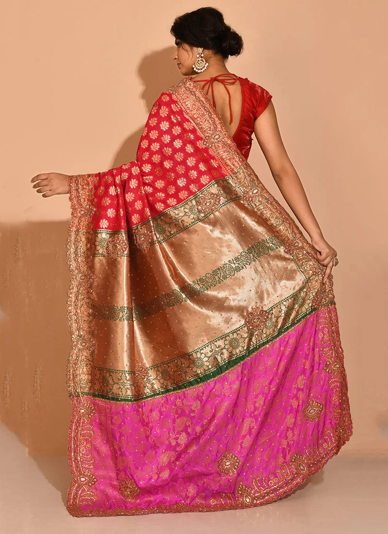 Red N Green Kanjeevaram Silk Hand Work Half N Half Saree Festive Wear 6 Red N Green Kanjeevaram Silk Hand Work Half N Half Saree Festive Wear - Image 4