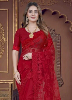 Red Net Embroidered Sari Party Wear -ZariGrace Shop red net embroidered sari sasun2023 b