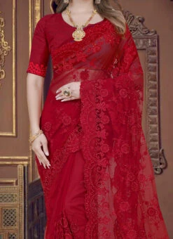 Red Net Embroidered Sari Party Wear