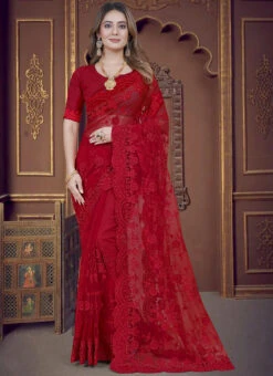Red Net Embroidered Sari Party Wear -ZariGrace Shop red net embroidered sari sasun2023 u