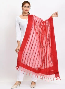 Red Organza Cotton Mirror Embroidery Dupatta Work Wear -ZariGrace Shop red organza cotton mirror embroidery dupatta dpdmimfd133 u