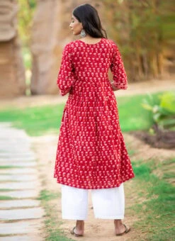 Red Pure Cotton Hand Block Printed Kurta Semi Palazzo Set After Six Wear -ZariGrace Shop red pure cotton hand block printed kurta semi palazzo set krsjbp2022a2113b b
