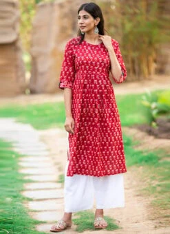 Red Pure Cotton Hand Block Printed Kurta Semi Palazzo Set After Six Wear -ZariGrace Shop red pure cotton hand block printed kurta semi palazzo set krsjbp2022a2113b u