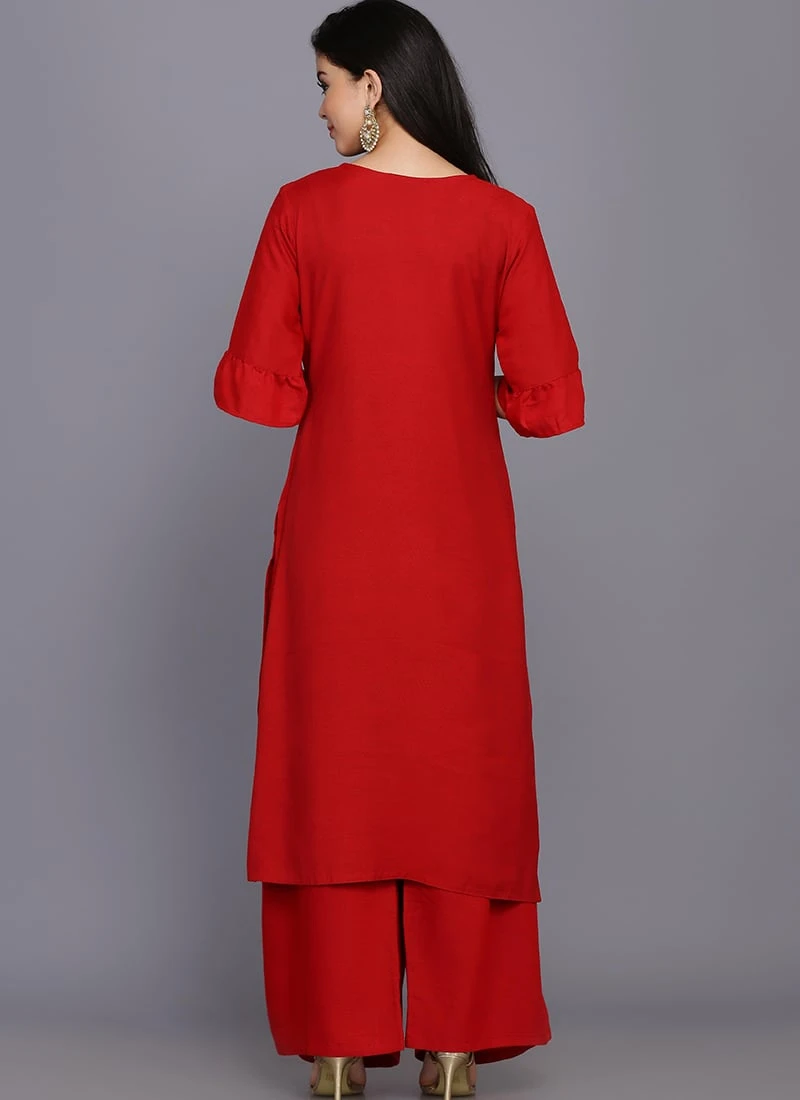 Red Rayon Kurta Palazzo Set Party Wear 6 Red Rayon Kurta Palazzo Set Party Wear - Image 4