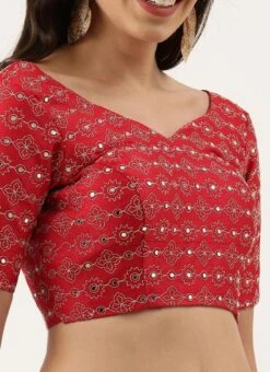 Red Silk Embellished Blouse Party Wear